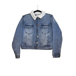 C&C California Denim Jean Jacket Medium Blue Button Down Pockets Sherpa Collar